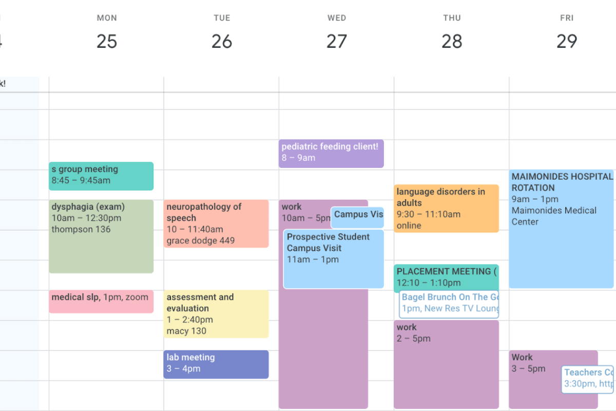 Weekly Schedule of a First-Year Communication & Sciences Disorders Stud