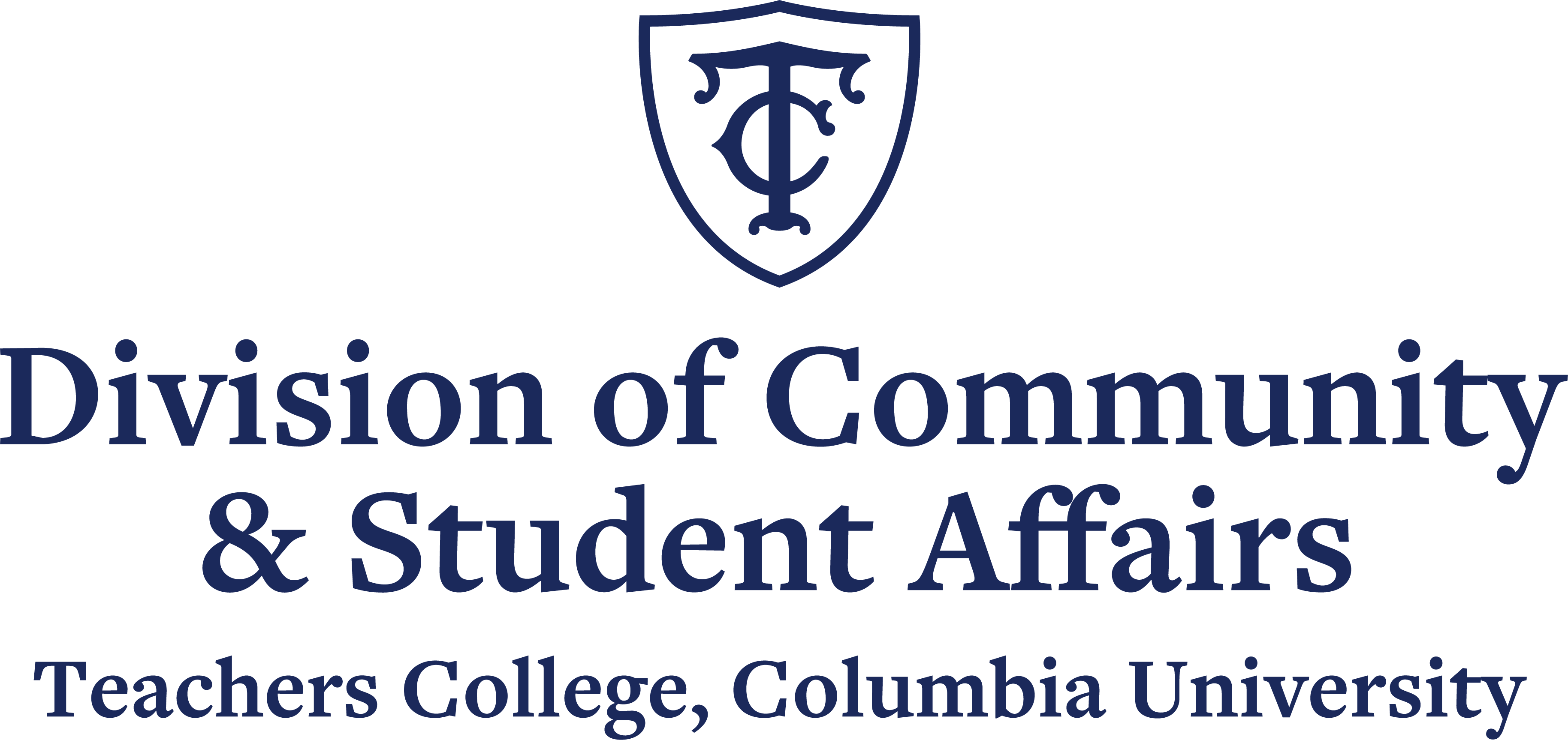 Navy blue centered logo featuring a shield emblem containing an intertwined TC monogram. Beneath the emblem, text reads 