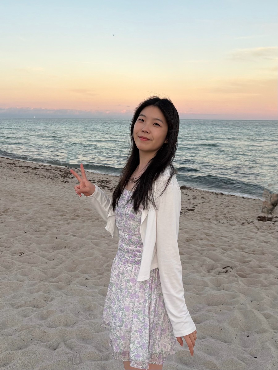 A young woman with long dark hair stands on a sandy beach at sunset, making a peace sign with her hand. She is wearing a floral print sundress in shades of purple and white, paired with a white long-sleeved cardigan. The background features a calm ocean under a soft gradient sky of orange, pink, and light blue.