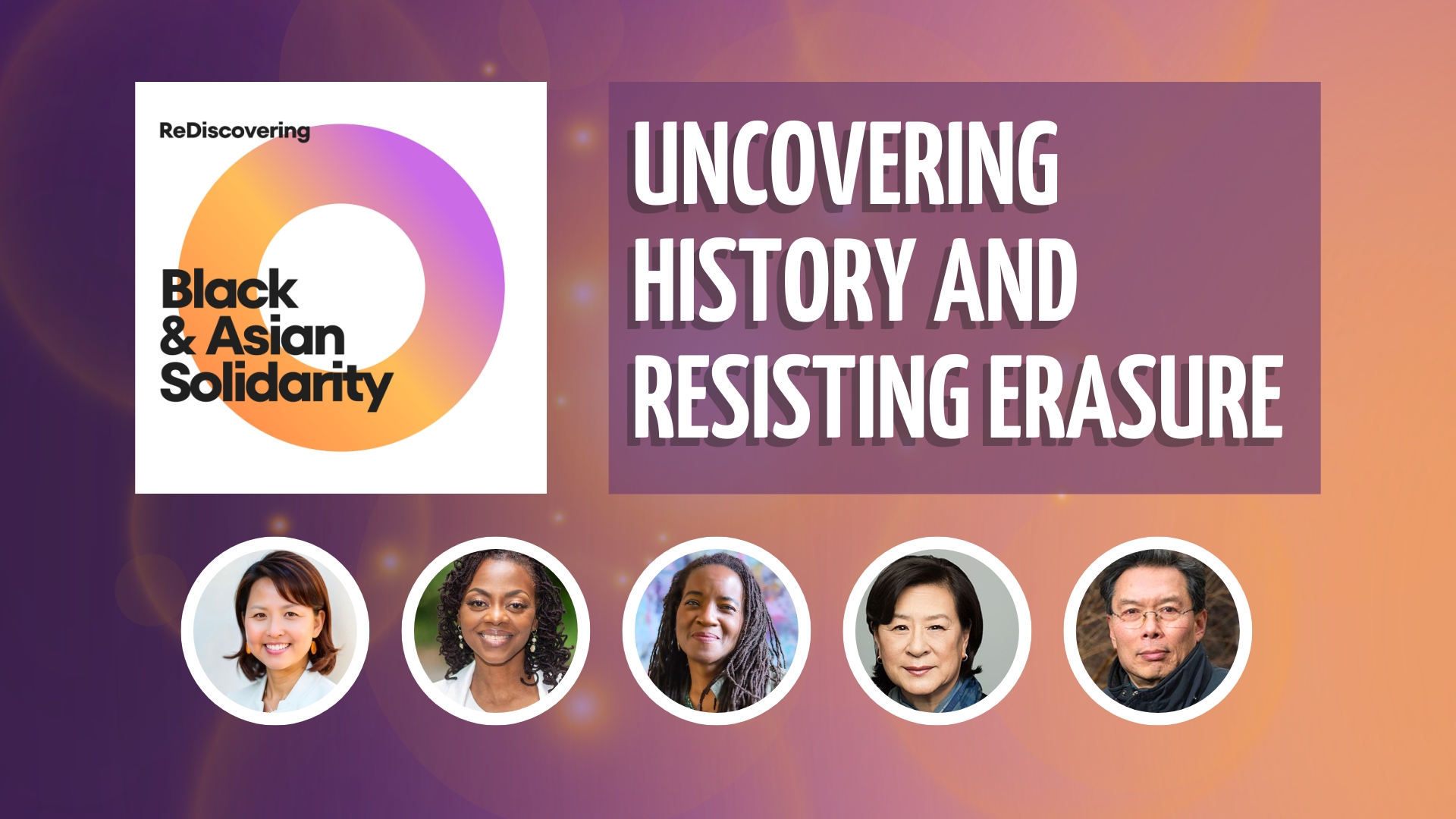 An image showing the logo of Rediscovering Black and Asian Solidarity Podcast to the left. Right to the logo is the title of the episode. Below the logo and title are portraits of the 2 hosts and guests for that episode.