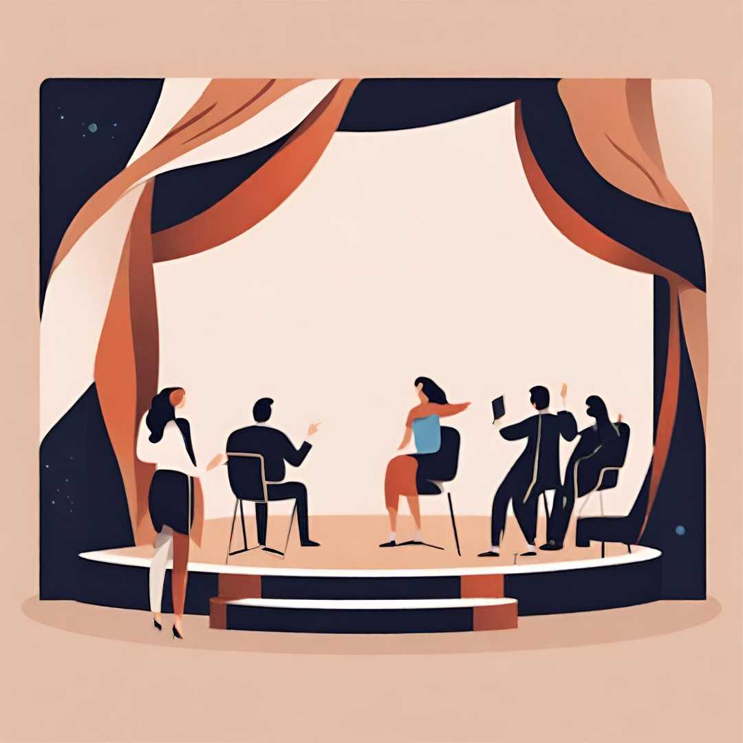 an AI-generated image showing actors on a theater stage in an abstract illustration style