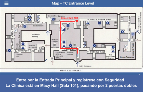Mapa del nivel de entrada de Teachers College que muestra la ruta desde la entrada principal y el puesto de seguridad hasta la Clínica Mysak ubicada en Macy Hall, sala 101