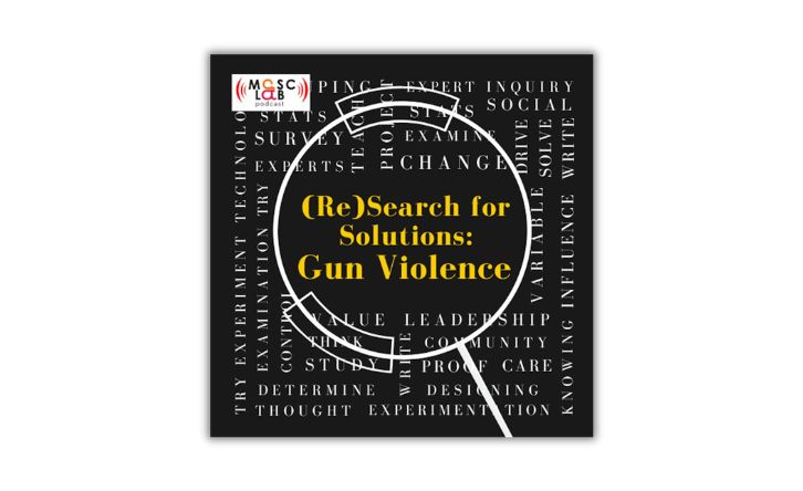 Inside a magnifying glass are the words, “(Re)Search for Solutions: Gun Violence”. A logo for the Media for Social Change Lab is in the top left corner.
