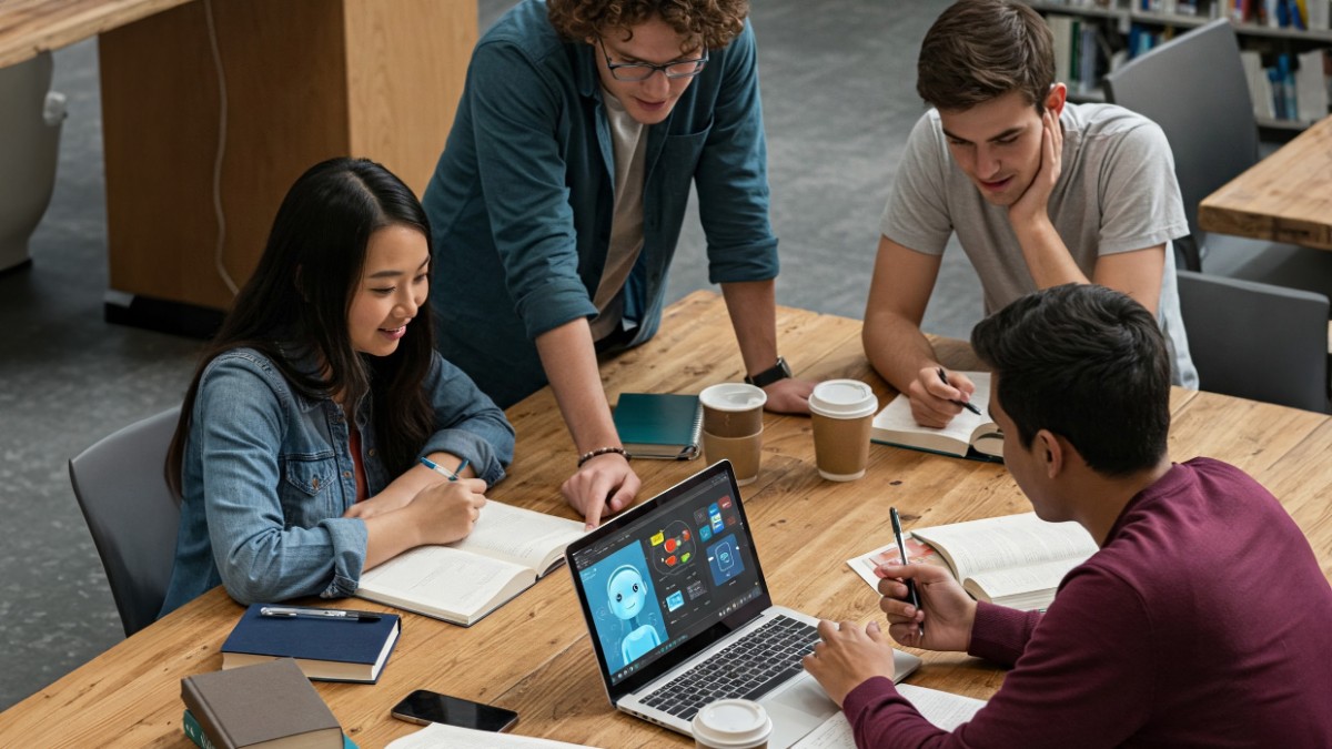 This Gemini-created AI image features a group of 4 students in a library or study room setting. They are all facing each other, 3 sitting and 1 standing. There are books, disposable coffee cups, and mobile phones on the table. The 3 sitting students are each holding pens, and one student has his laptop open.