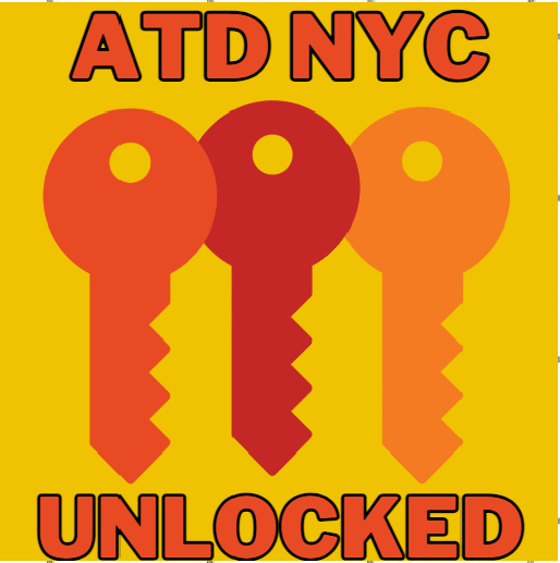 ATD NYC Unlocked cover image. Title with three keys, dark orange, red, and lighter orange on a yellow background