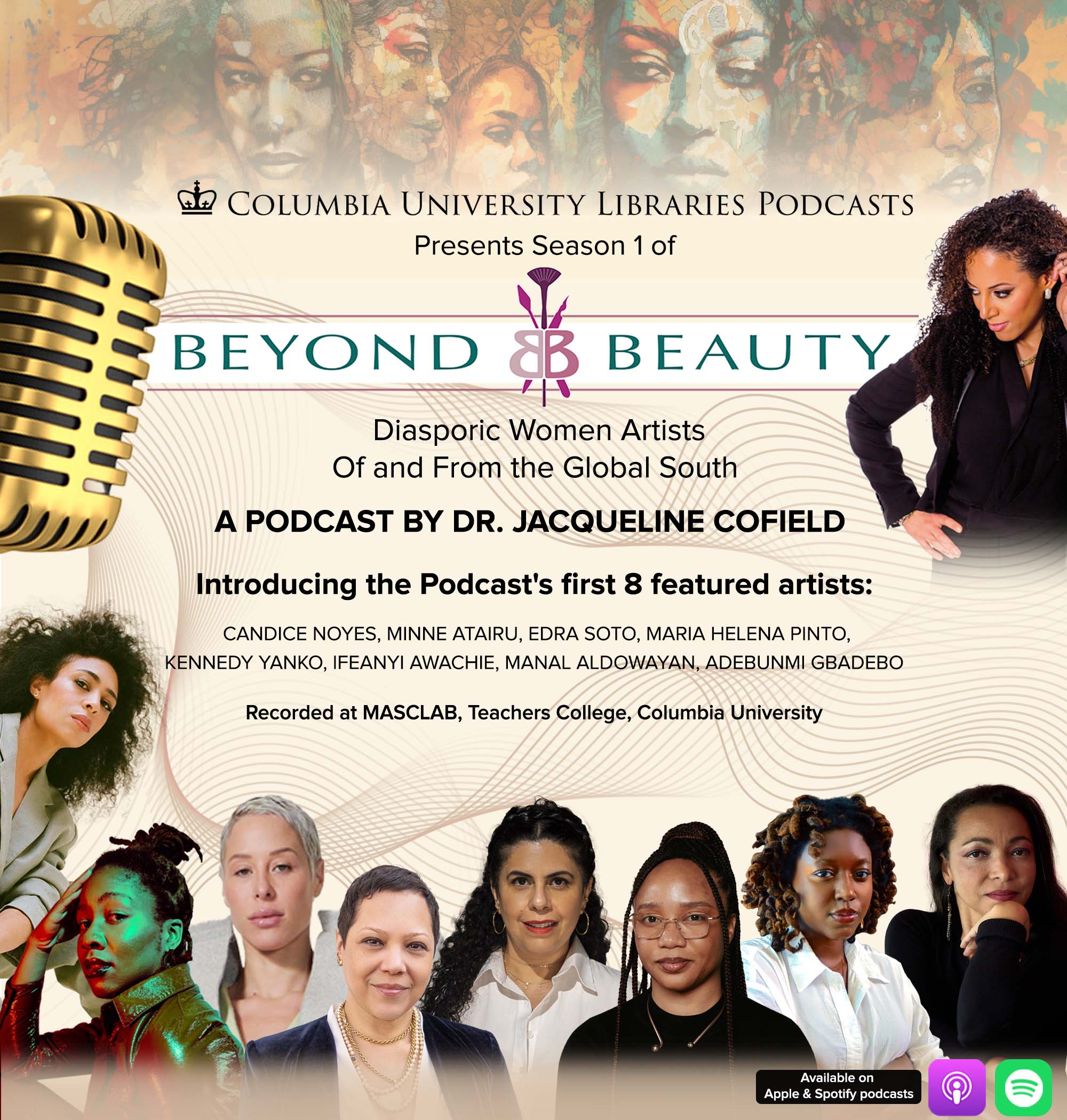 beyond beauty podcast cover image - a microphone on the left, jacqueline cofield on the right, a row of images of women along the bottom with the podcast title and additional supporting text