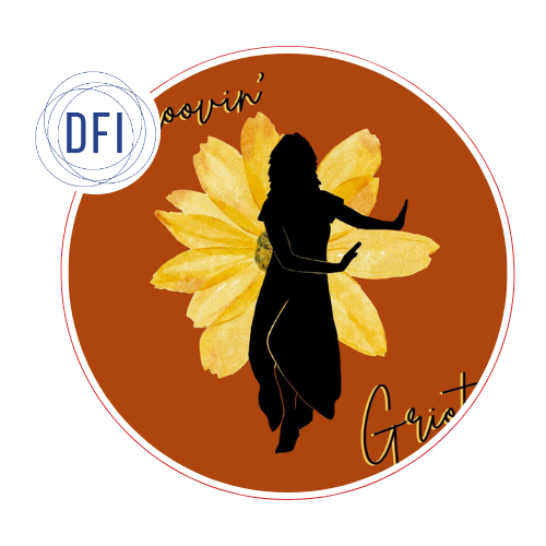 A figure dances against a circular rust background with a yellow flower. The title “Groovin’ Griot” is in a handwriting style font, with the Digital Futures Logo overlapping in the upper left corner.