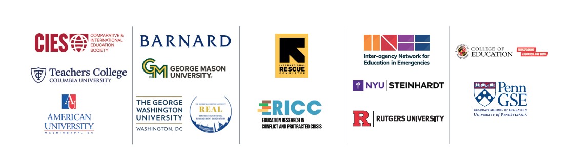 logos of sponsors of the Education Migration and Displacement 2026 Conference, including CIES, Teachers College, American University, Barnard, GM, GWU, International Rescue Commttee, ERICC, INEE, NYU Steinhardt, Rutgers Univ, College of Education, and Penn GSE
