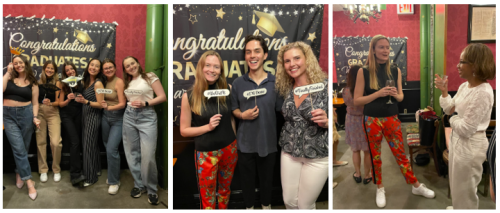 Collage of three pictures of graduates standing in front of a sign that says Congratulations Graduates.