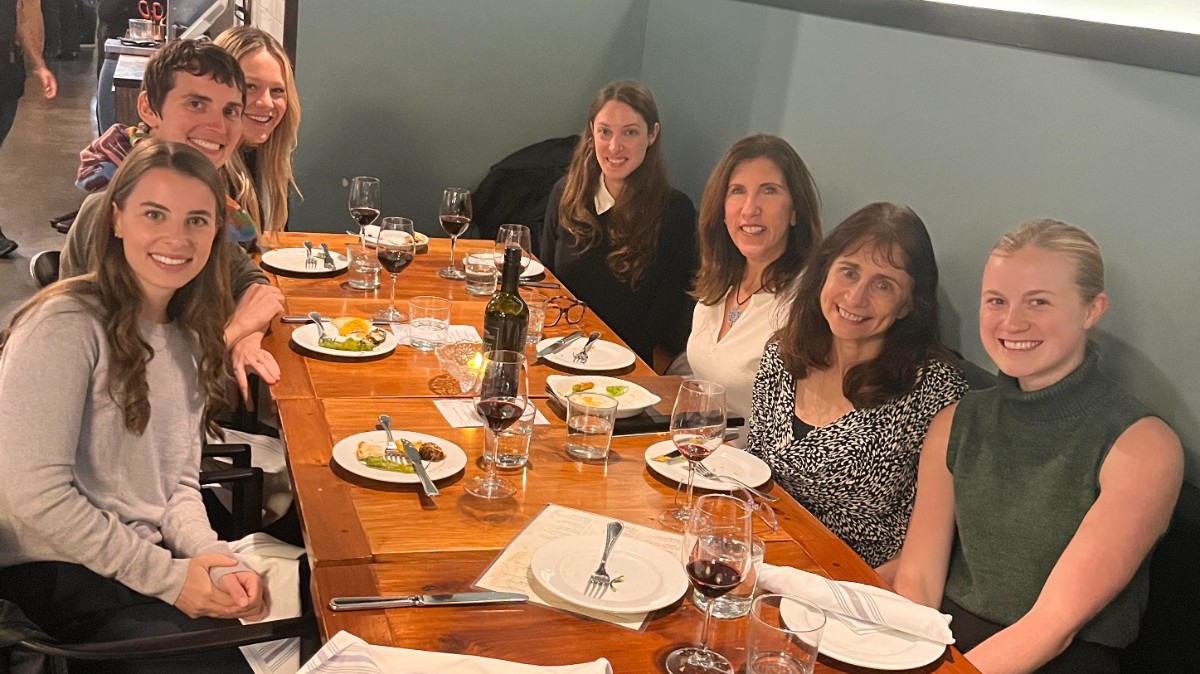 Group of men and women sitting at restaurant table