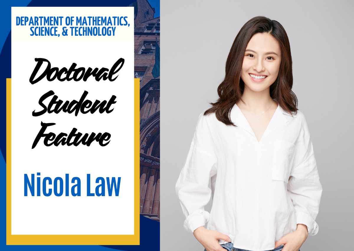 A headshot of Doctoral Candidate Nicola Law next to blue and black text that reads 