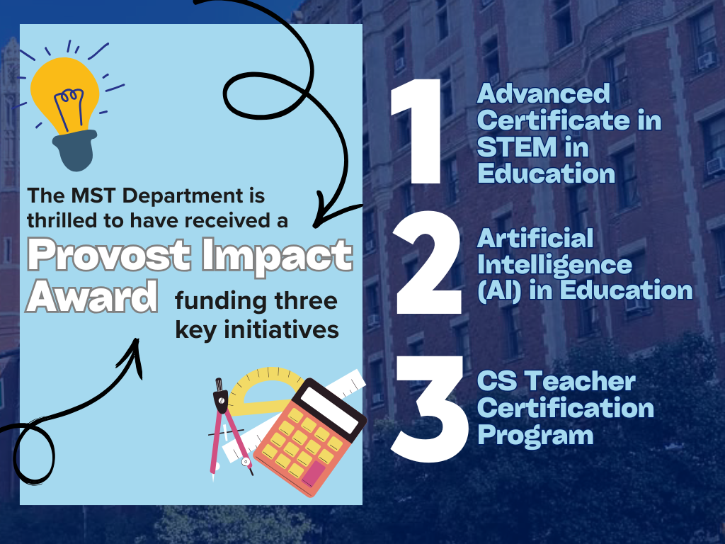 An image announcing that the MST Department has won a Provost Impact Award for three projects: 1) Advanced Certificate in STEM in Education, 2) Artificial Intelligence (AI) in Education Initiatives, 3) Computer Science (CS) Teacher Certification Program.