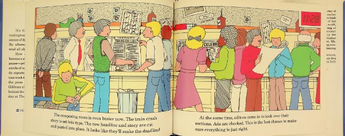 Illustration depicting newspaper staff creating the layout.