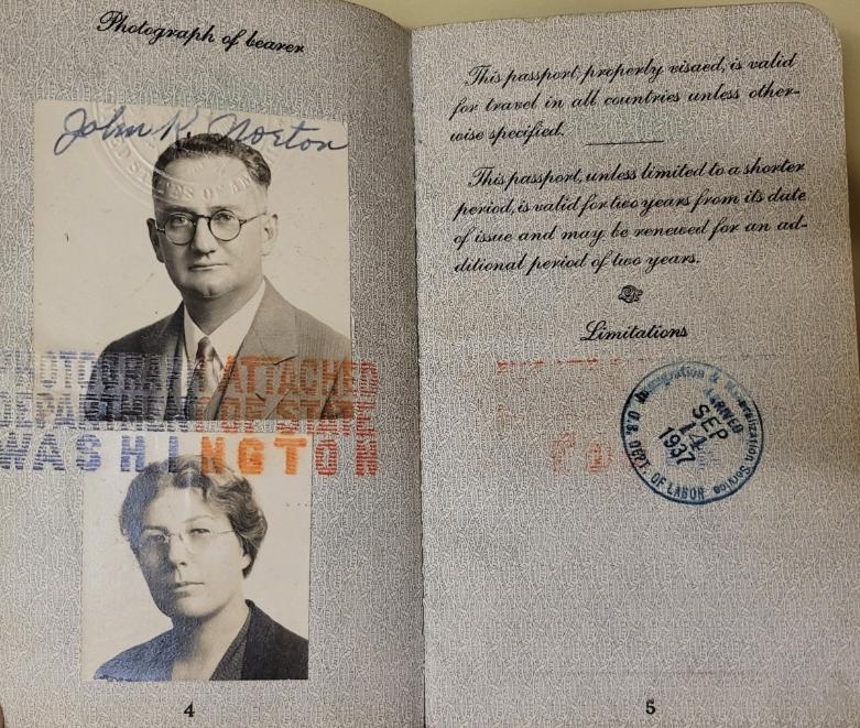 Page from John and Margaret Norton's passport. Depicts John Norton (top) and Margaret Norton (bottom). John Norton has short, slicked back hair, and round rimmed glasses. He wears a suit. Margaret Norton has her hair pulled back into a bun and also wears round glasses. Neither is smiling. Both are looking at the camera.