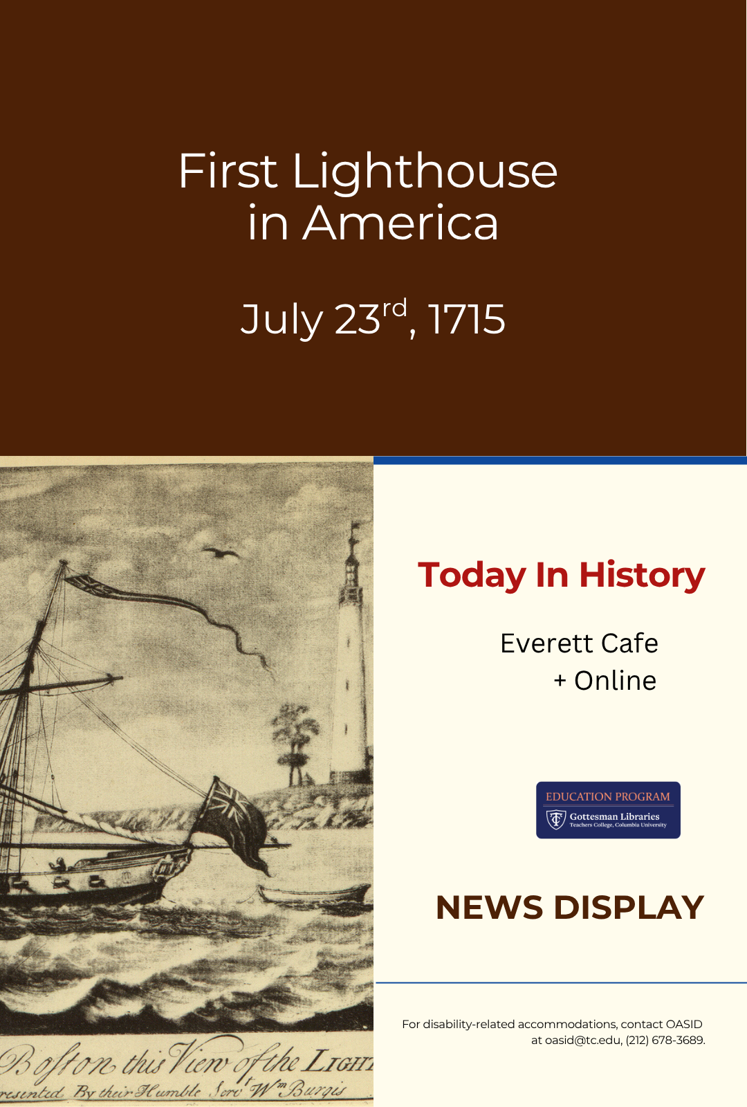 Poster Image with Drawing of Ship in Boston Harbor, Lighthouse in the Background