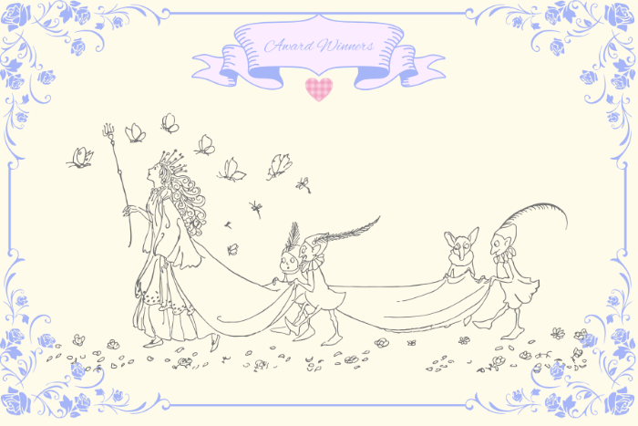Fairty_tale_characters_with a rose border and ribbon at the top