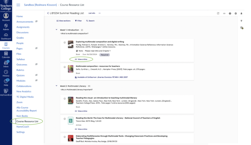 Student view of course resource list from within Canvas - course resource list link in left navigation menu and view online link under list item circled
