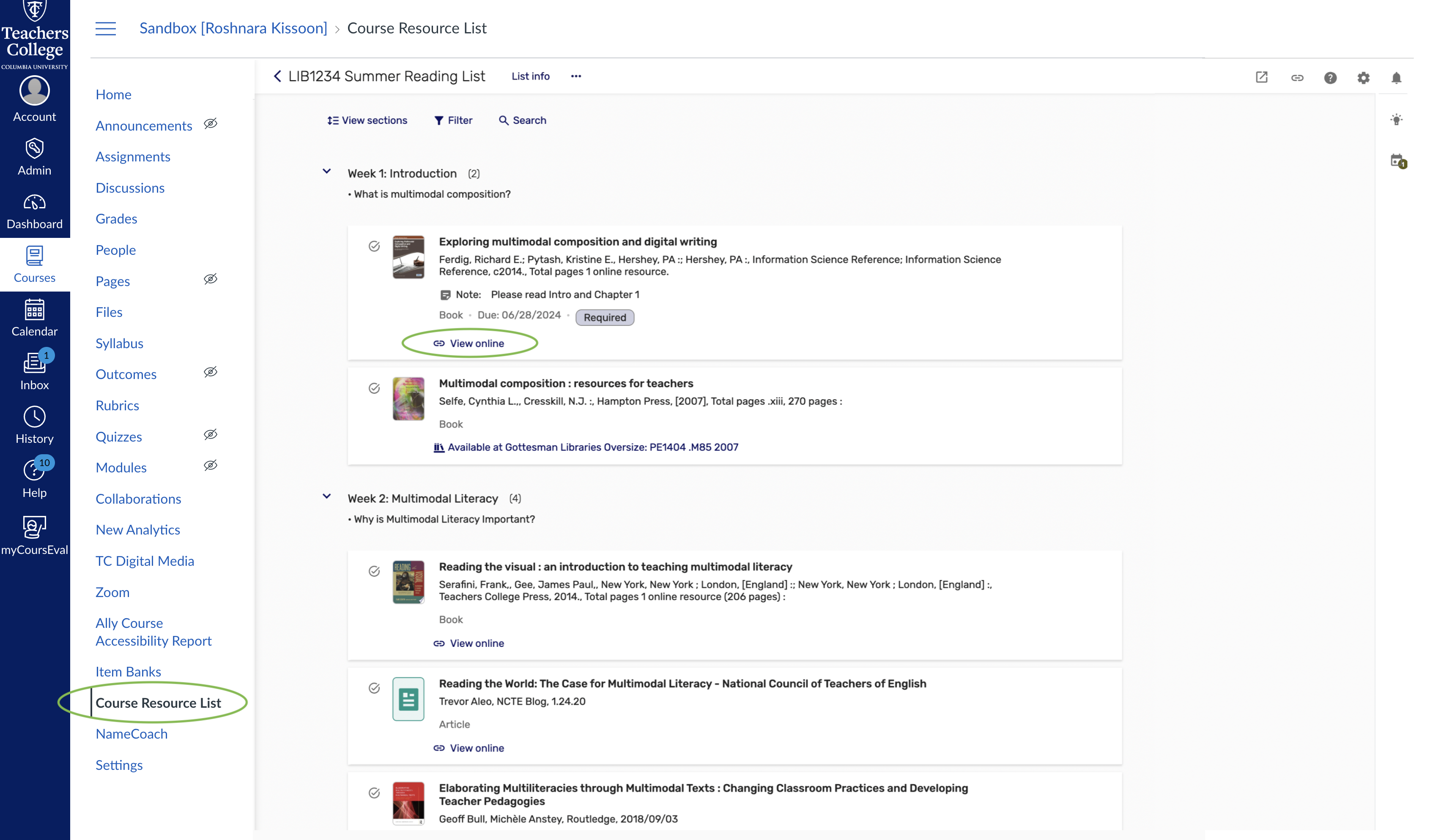 Student view of course resource list from within Canvas - course resource list link in left navigation menu and view online link under list item circled