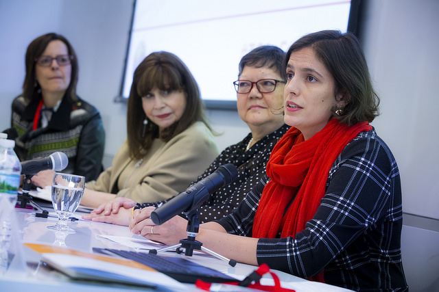 DISCUSSANTS IN THE KNOW From left, TC Lemann Visiting Scholar Vera Cabral; President Susan Fuhrman; Vice Dean A. Lin Goodwin; and Alice Andres Ribeiro, Executive Secretary of Moviemento Pela Base National Comum