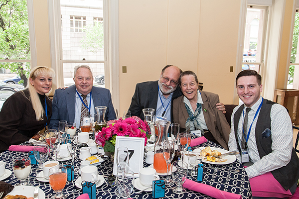 Myron Phillips (M.A. '60; second from left) with daughter Deborah Phillips Lauer (far left), son Kevin Phillips and daughter-in-law Sarah Prescott Phillips (both TC alumni; Sarah is Administrative Coordinator for TC’s Community College Research Center) and TC Student Senate member Nick Moran.