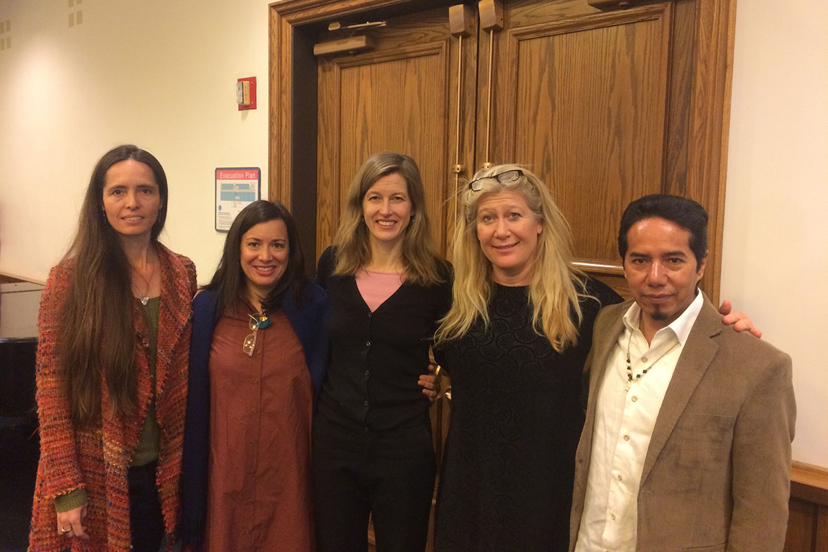 STANDING TOGETHER From left: Geraldine Ann Patrick Encina, Scholar in Residence at Union Theological Seminary; Aurelie Athan, Lecturer, Clinical Psycholgy (TC); Karenna Gore; Lisa Miller, Professor of Psychology & Education; Mindahi Crescencio Bastida Muñoz is the director of the Original Caretakers Initiative at Union Theological Seminary's Center for Earth Ethics.  