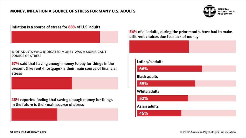 Research from the American Psychological Association shows 83% of U.S. adult cite inflation as a major stressor. 