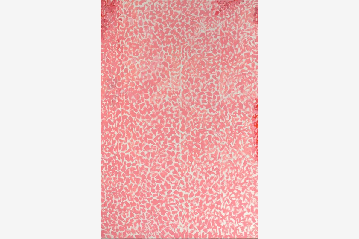 A painting with many pink, petal shaped brush strokes on a pale yellow background